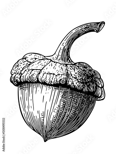 Detailed vector engraved illustration of an acorn showcasing intricate line work and natural textures in black and white