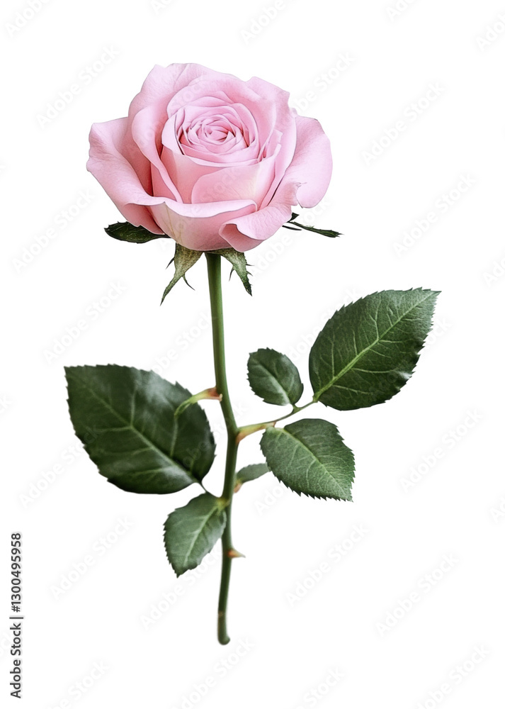 Pink rose with delicate petals and fresh green leaves for floral arrangements and gifts for special occasions, cut out Pink rose with delicate petals and fresh green leaves for floral arrangements and gifts for special occasions, cut out