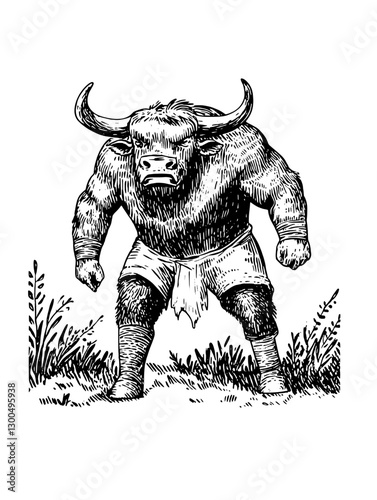 Wallpaper Mural Engraved illustration of a muscular bull in a powerful, aggressive pose with a natural background Torontodigital.ca