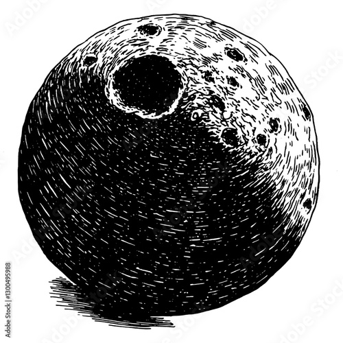 Vector engraved illustration of a celestial body showcasing texture and surface features in a detailed, artistic style