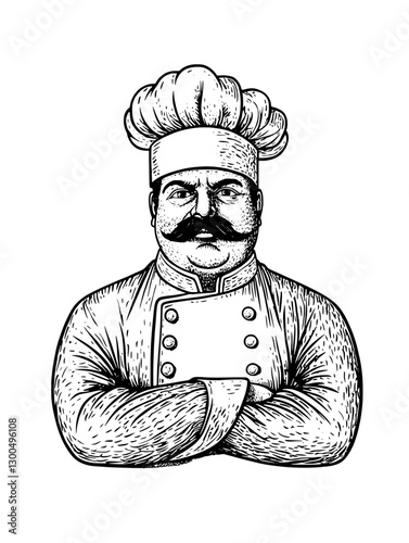 Chef with crossed arms in a classic kitchen setting conveying mastery and confidence in culinary skills
