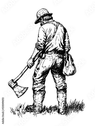 Skilled lumberjack with axe preparing for work in a serene forest setting during the early morning hours