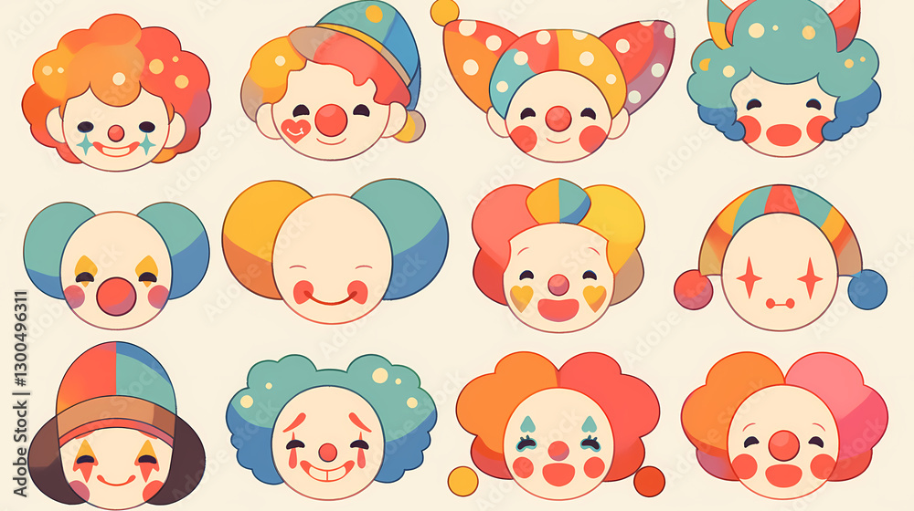 Colorful collection of cartoon clown faces with varying expressions and styles on a light background Colorful collection of cartoon clown faces with varying expressions and styles on a light background