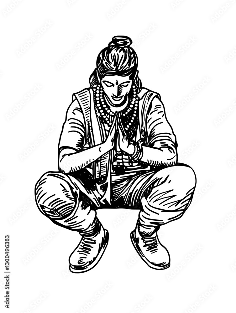 Engraved illustration of a person in a meditative pose expressing gratitude in a serene and tranquil environment Engraved illustration of a person in a meditative pose expressing gratitude in a serene and tranquil environment