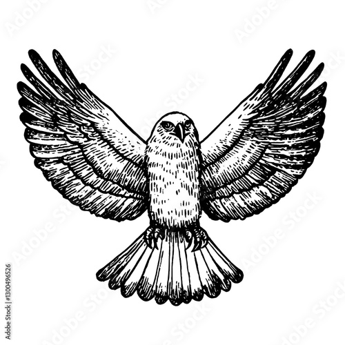 Detailed vector engraving of a soaring eagle with outstretched wings displaying intricate feather patterns