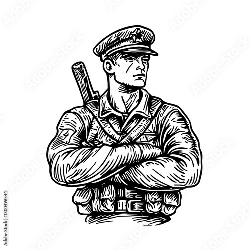 Engraved illustration of a military soldier standing confidently with arms crossed
