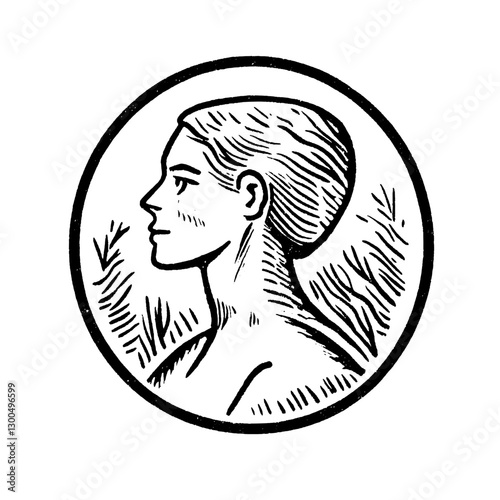 Elegant vector engraving of a profile portrait showcasing the grace of femininity with flowing hair and natural elements
