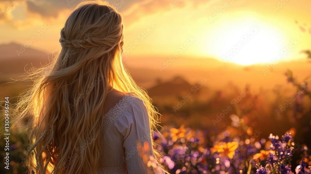 Obraz premium A young woman stands on a hillside, gazing at a vibrant sunset. Warm sunlight casts a golden glow over blooming flowers, creating a serene moment of reflection