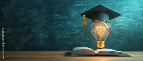 3D rendering of graduation cap on lightbulb, open book, education icons, chalkboard backdrop, innovative study symbols, academic success