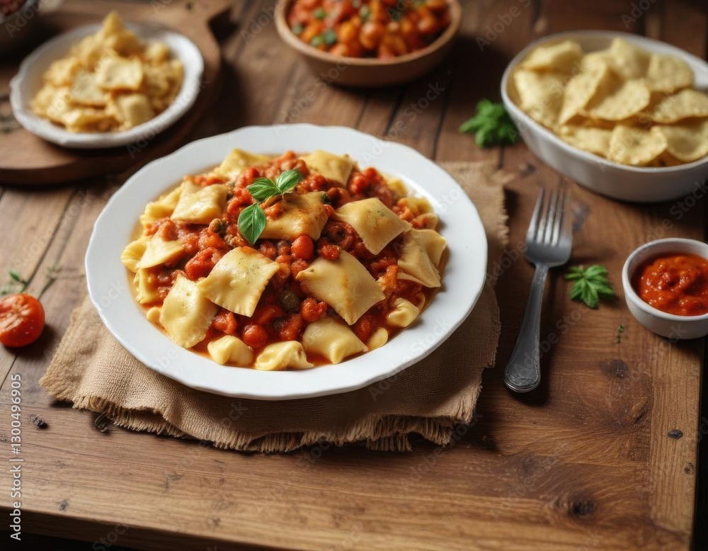 Ravioli with rich ragout sauce on a wooden table, ravioli, comfort food Ravioli with rich ragout sauce on a wooden table, ravioli, comfort food