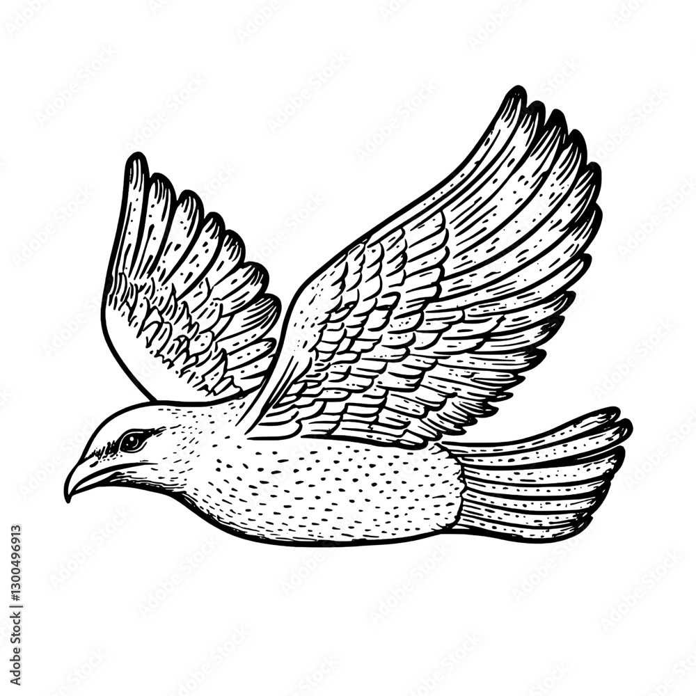 Obraz premium Vector engraved illustration of a flying bird with detailed wings in black and white style