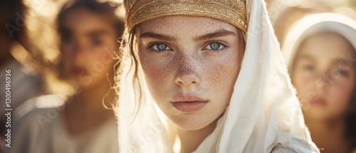 Portrait of a serene freckled teenage girl with blue eyes wearing a golden headpiece and white veil, surrounded by other children in soft sunlight Concept of innocence, beauty, and youth