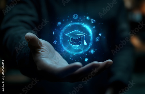 Obraz na płótnie Online Education Graduation Cap in Hand, Future of Learning w salonie