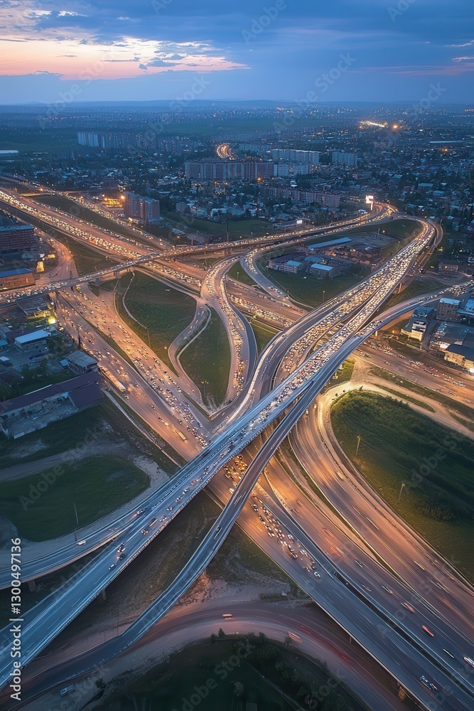 Fototapeta premium City highway interchange at sunset, aerial view of busy traffic, urban landscape with bright lights, transportation infrastructure, modern city life.