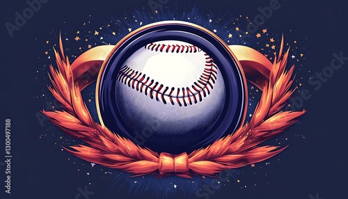 Baseball emblem with golden wreath and sparkles