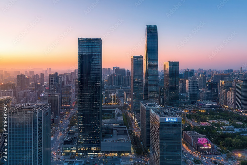 Fototapeta premium City skyline aerial view at sunset with modern skyscrapers and urban landscape, travelers exploring metropolitan area, architecture and city life.