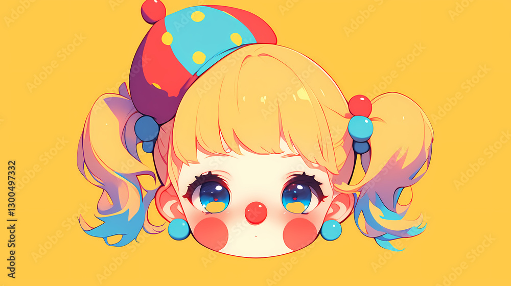 Colorful cartoon clown character with pigtails and playful expression against a vibrant yellow background Colorful cartoon clown character with pigtails and playful expression against a vibrant yellow background