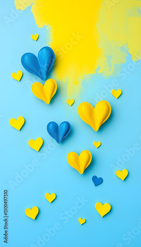 Yellow and blue hearts on blue background.  Abstract composition with the colors of Ukrainian flag. with white shades