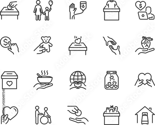 Vector set of donations and charity line icons. Contains icons help, donation box, volunteer, humanitarian aid, patient care, helping hand, kindness and more. Pixel perfect.