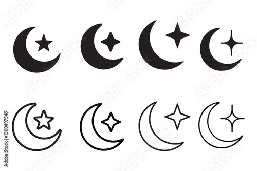 Set of Outlined Crescent moon with stars icon on white background. Night icon. Crescent moon icon. Minimalist style