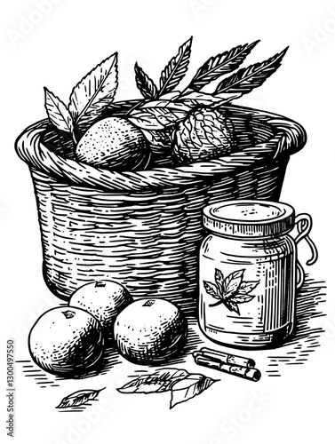 Basket filled with fruits and a jar of preserves in a vintage engraved illustration showcasing natural simplicity