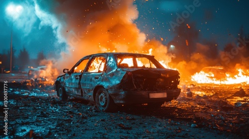 A damaged car smolders in flames, surrounded by scattered debris and wreckage at night. Bright fire illuminates the dark, hazy atmosphere, creating a dramatic contrast