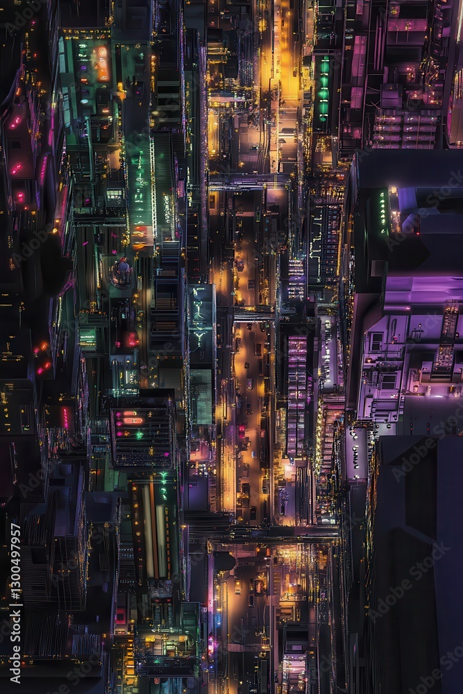 Fototapeta premium City skyline at night with vibrant lights illuminating streets and buildings, urban landscape, nightlife, modern architecture, aerial view, cityscape.