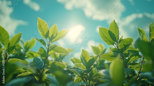 Green leaves growing under sun on a sunny day with clouds for environmental presentations