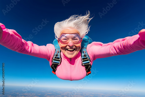 Skydiving Granny: Thrills Above the Clouds! This adventurous woman takes the plunge, her smile as bright as the clear blue sky. Age is just a number!