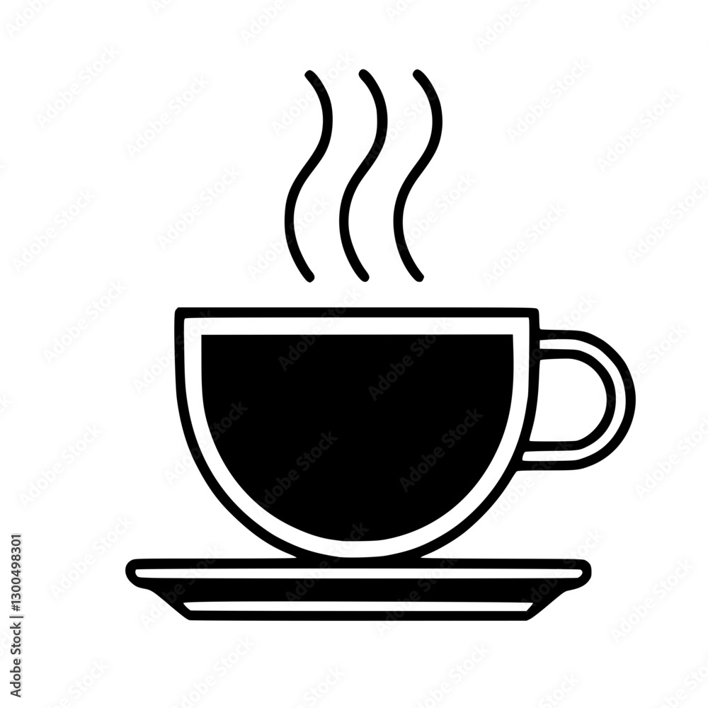 A simple black and white illustration of a steaming coffee cup on a saucer. A simple black and white illustration of a steaming coffee cup on a saucer.