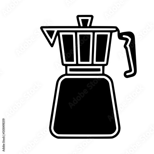 A minimalist illustration of a moka pot, featuring a sleek design with a spouted top and a curved handle.