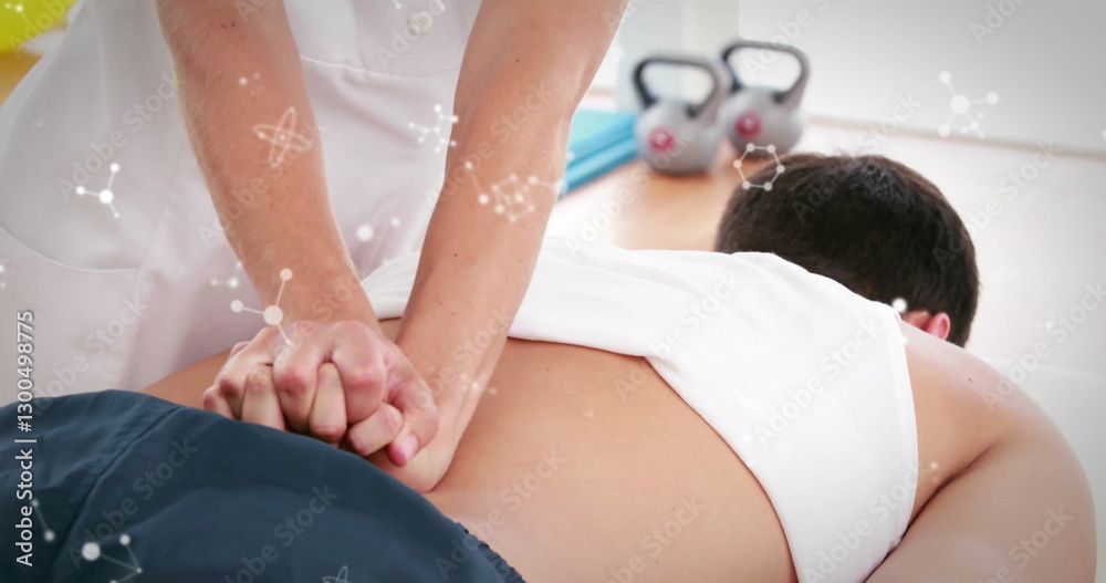 Naklejka premium Image of molecules over caucasian female physiotherapist with patient