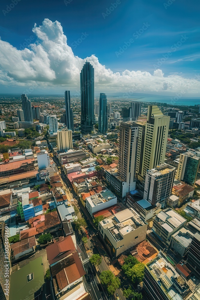 Naklejka premium City skyline view with modern skyscrapers and urban landscape under blue sky, showcasing bustling metropolitan life and development in a vibrant city.