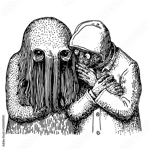 Engraved illustration depicting a figure resembling an octopus conversing with a mysterious character in an enigmatic setting
