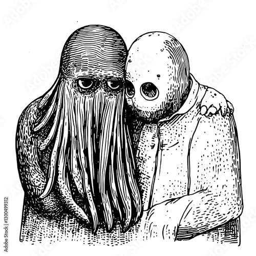 Unique vector engraved illustration of an octopus-like creature embracing a faceless figure in a surreal artistic expression
