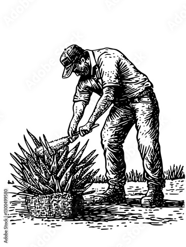 Engraved illustration of a man harvesting agave plants with a machete in a field