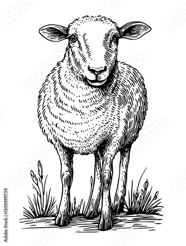 Detailed vector engraved illustration of a sheep standing on grass