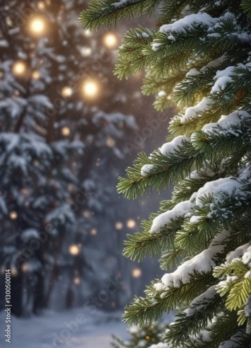 Christmas Background with Fir Branches and Snowfall,  snowy scene,  Christmas lights,  winter wonderland