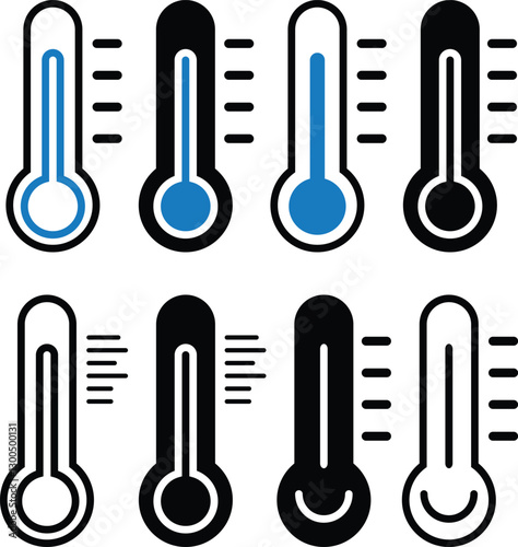 thermometer icon in silhouette and color vector, perfect for medical, weather, and temperature measurement designs. Ideal for apps, infographics, and branding.
