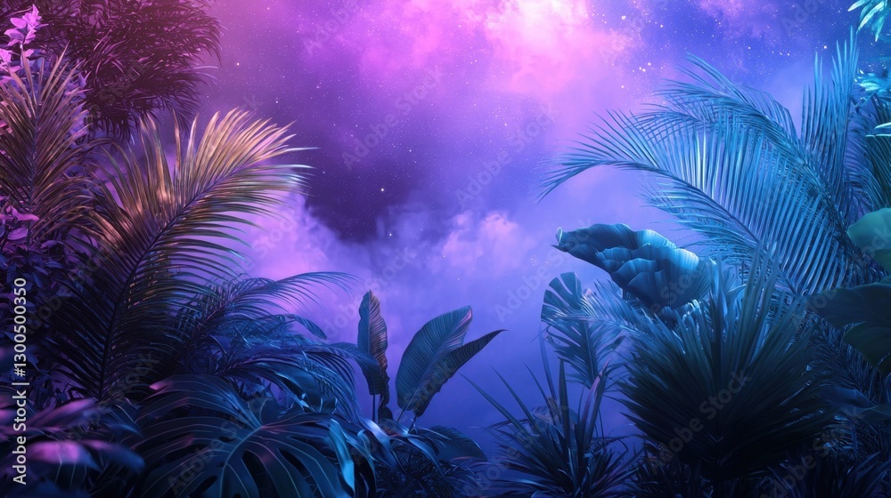 Lush vegetation fills the scene with a captivating blend of deep greens and purple hues. Soft mist creates a dreamy atmosphere, enhancing the enchanting nighttime setting Lush vegetation fills the scene with a captivating blend of deep greens and purple hues. Soft mist creates a dreamy atmosphere, enhancing the enchanting nighttime setting
