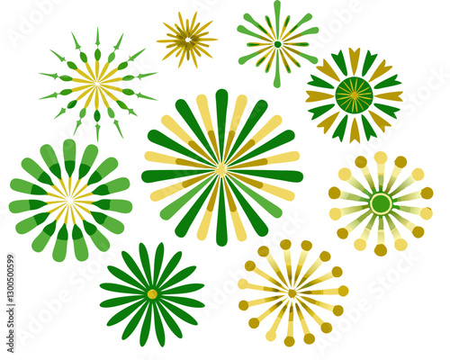 A vector set of green and gold fireworks bursting in different shapes, including clover-shaped patterns and radial bursts, isolated on a white background.
