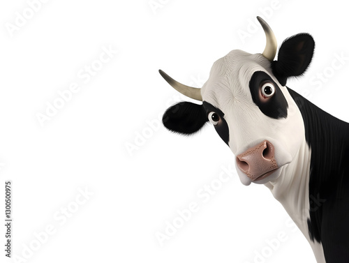 Funny surprised cow with striking features isolated on transparent background.