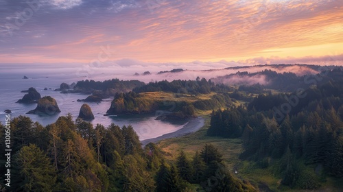 Coastal landscape with sunrise over misty ocean, lush green forests, and rocky shore in scenic national park, capturing natural beauty and tranquility.