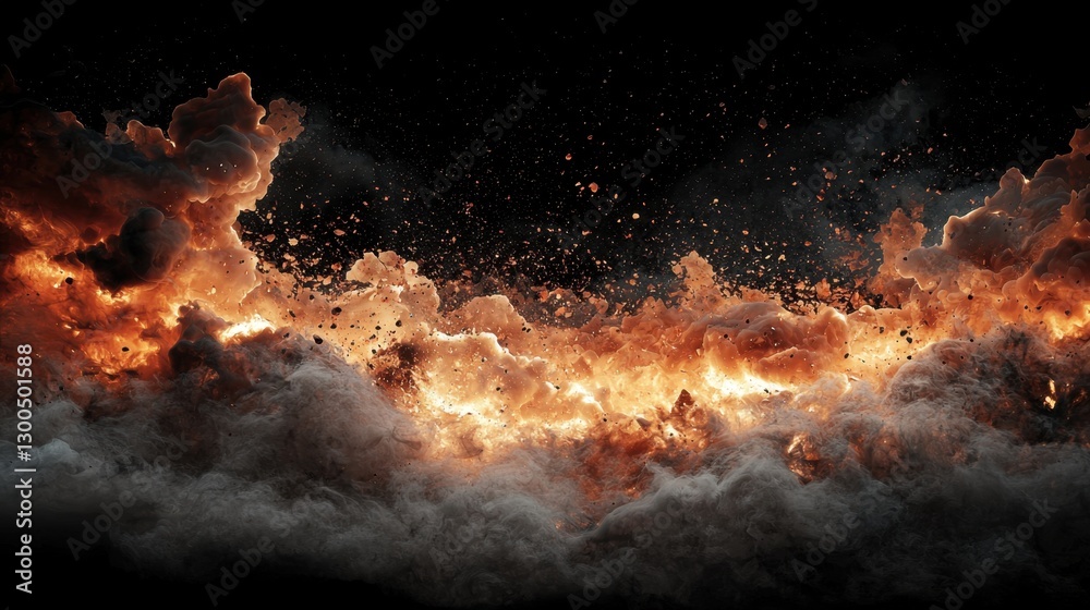 Naklejka premium An intense explosion unleashes fiery clouds and billowing smoke against a contrasting dark background, creating a visually striking and chaotic atmosphere