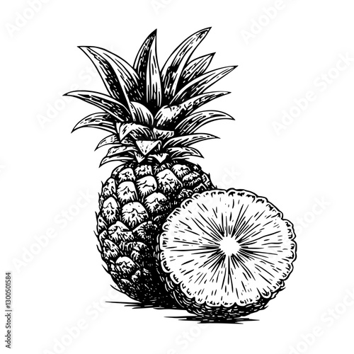 Vector engraved illustration of a pineapple with a sliced cross-section showcasing its detailed texture