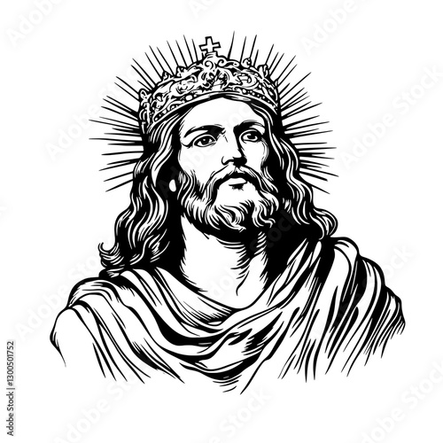 Vector engraved illustration of a crowned religious figure with long hair and a robe, representative of faith and spirituality