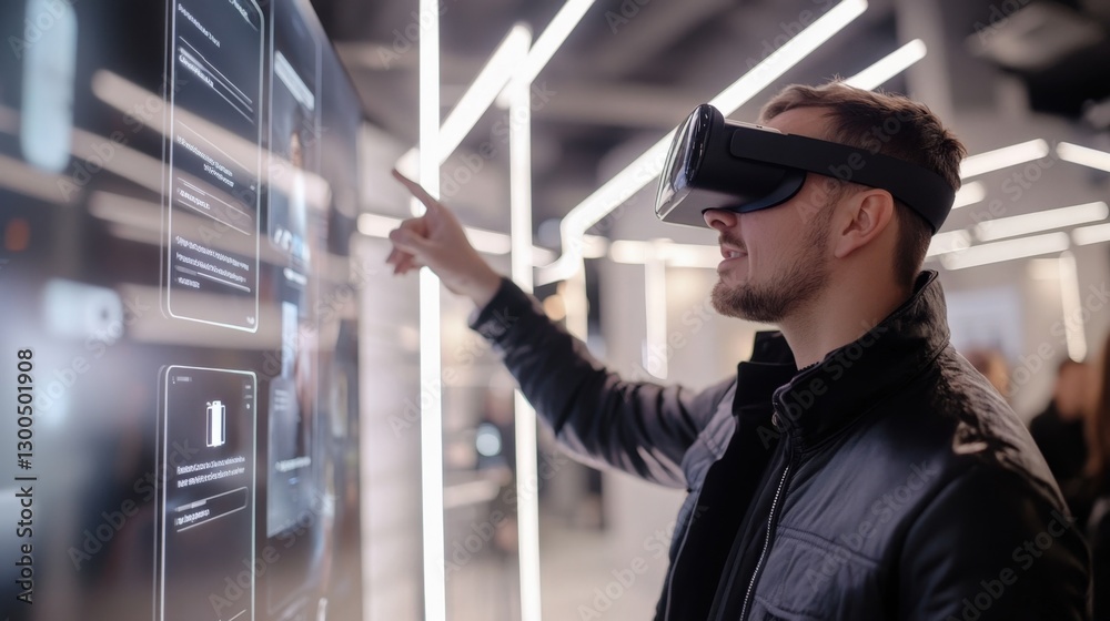Software developer wearing a virtual reality headset engages with a display panel, interacting with dynamic data in a cutting edge office metaverse environment Software developer wearing a virtual reality headset engages with a display panel, interacting with dynamic data in a cutting edge office metaverse environment