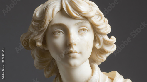 A classical bust of a young woman, delicate curls framing the face, smooth polished marble surface