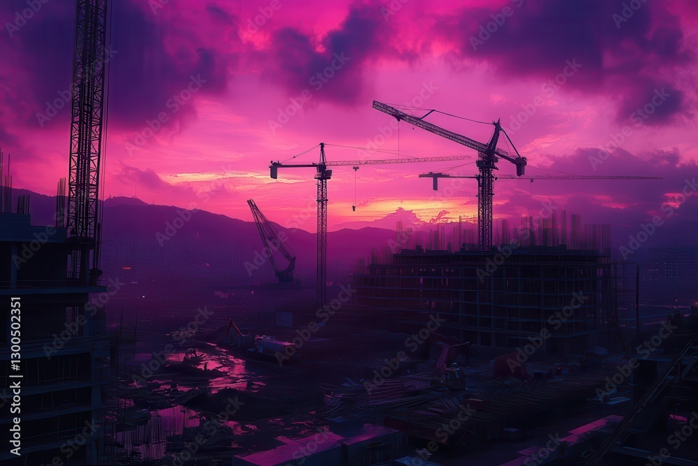 Fototapeta premium Construction site landscape at sunset with cranes, urban development, infrastructure project, dramatic sky, industrial architecture, building work in progress.