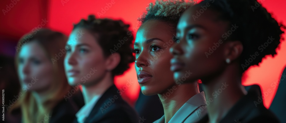 Fototapeta premium Diverse group of focused young women attending a conference, listening attentively in a dimly lit room with red lighting Concept of business, teamwork, and leadership
